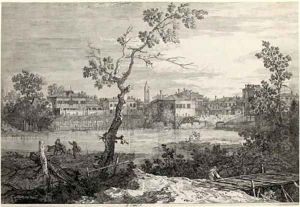 View of a Town on a River Bank by (Giovanni Antonio Canal) Canaletto