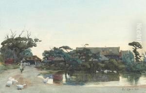 Farmstead With Ducks And Pond by Frederick George Cotman