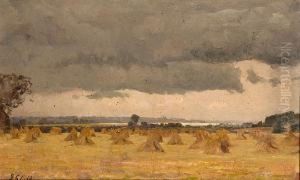 Foreboding Skies Above Corn Stooks by Frederick George Cotman