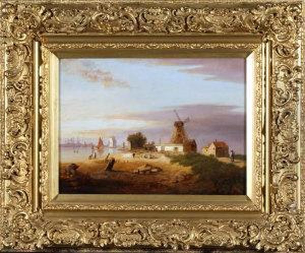 A Riverside Landscape With The Windmill Inn In The Foreground. by Frederick George Cotman