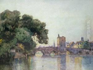 'the Bridge At St Ives Cambridgeshire'; Watercolour, Signed And Dated 1888, 25x37cm