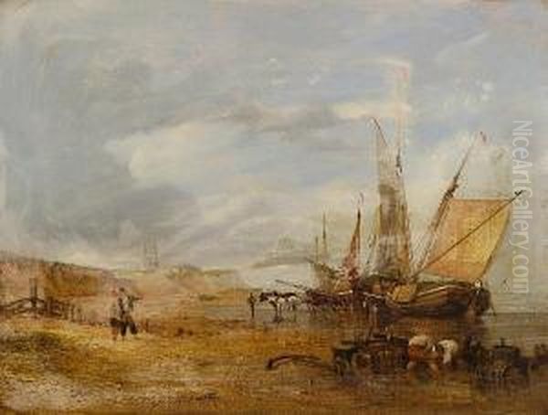 Fishing Vessel And Figures On The Shore, With A View Of Cromer Beyond by Miles Edmund Cotman