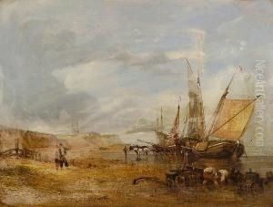 Fishing Vessel And Figures On The Shore, With A View Of Cromer Beyond