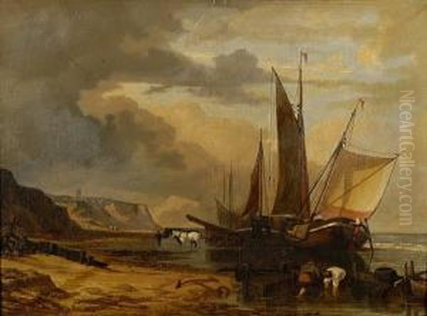 Coastal Scene With Fishing Vessel And Figures On The Shore - view 1