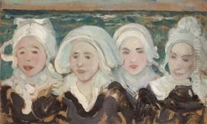 Quatre Tetes De Bretonnes Devant La Mer by Charles Cottet