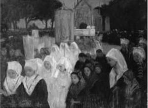 < Procession A Plougastel > Pastel Signe Et Titre En Bas A Gauche.73 X 98 Cm