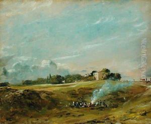 A View of Hampstead Heath, with figures round a bonfire
