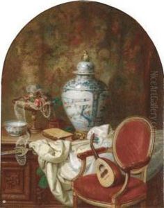 An Oriental Urn And Other
Decorative Objects On An Oak Cofferbeside A Mandolin On A Chair by Alexandre Jean Couder