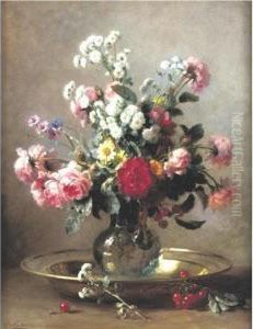 Sill Life With Flowers And Cherries by Gustave-Emile Couder
