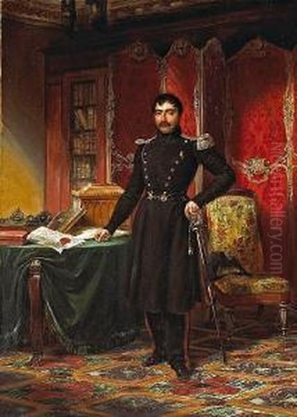 A Military Officer In His Study With Documentsand Books On A Table - view 1