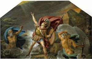 Achille Pres D'etre Englouti Par
 Le Xanthe Et Le Simois, Irrites Du Carnage Qu'il A Fait Des Troyens. 
Allegorie De L'eau. < by L. Charles Auguste Couder