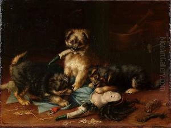 Puppies Playing With A Doll - view 1