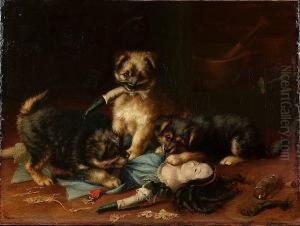 Puppies Playing With A Doll