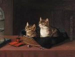 Two Kittens In A Basket Watching A Bird In A Cage by Horatio Henry Couldery