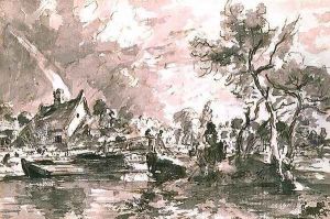 Flatford Old Mill Cottage on the Stour, pen and wash