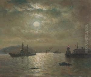 A Moonlit Battleship Entering A Harbor