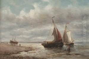 'a Barque In Full Sail Off A Headland' And 'fishing Boats Setting Sail From A Beach' by William Coulter