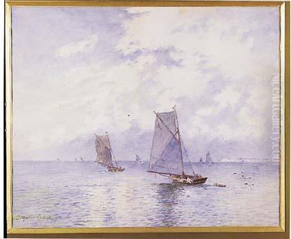 Aquarelle Representant Des 
Bateaux De Peche Sur Une Mer Formee, Signee Et Datee A Gauche 1891. - view 1