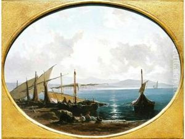 Pecheurs En Bord De Cote A La Tombee Du Soir by Vincent Courdouan