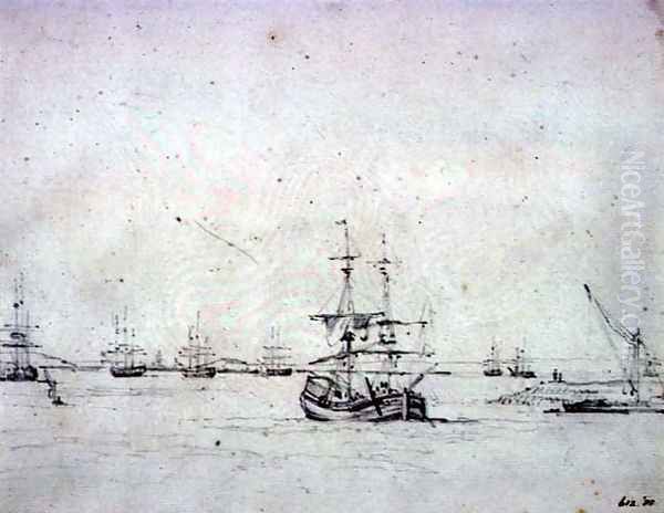 A brig at anchor and other shipping in the Thames - view 1