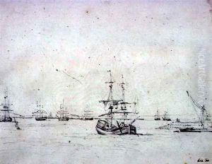 A brig at anchor and other shipping in the Thames