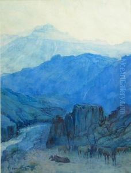 A Mountainous Landscape With Horses In Theforeground - view 1