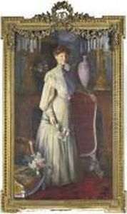 [ernest Courtois De 
Bonnencontre; Portrait Of A Woman Leaning On A Screen; Oil On Canvas; 
Signed]