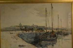 Boats In A Scottish Harbour Unloading Their Catch With Horse, Wagon And Figures Etc by Robert Mcgown Coventry