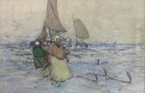 A Coastal Scene Of Sail Ships And Breton Women On Shore A Coastal Scene Of Sail Ships And Breton Women On Shore