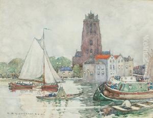 Boats And Barges By A Town by Robert Mcgown Coventry
