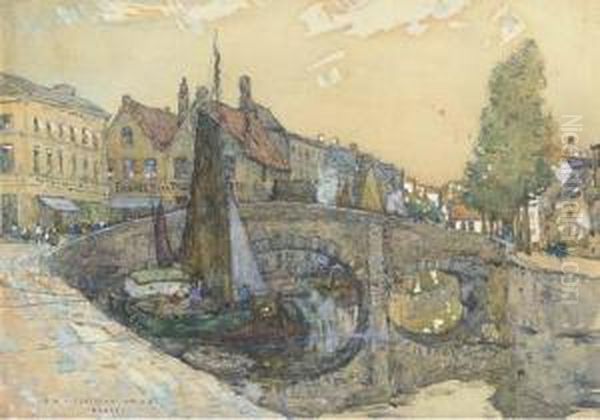 Bruges; And Barges On A Canal Before A Cathedral - view 1