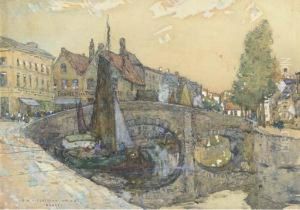 Bruges; And Barges On A Canal Before A Cathedral by Robert Mcgown Coventry