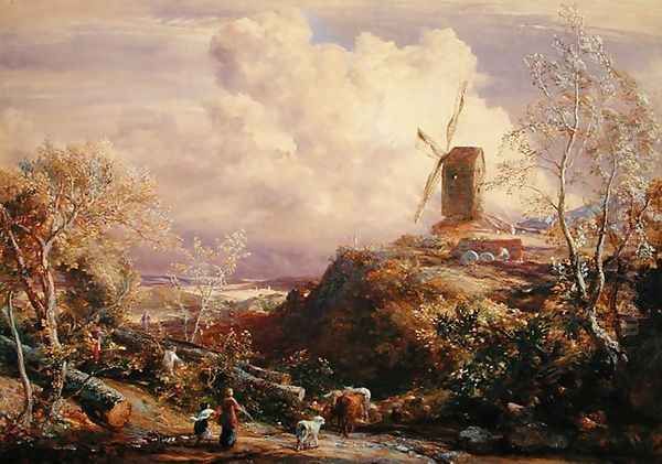 Windmill on a Hill with Cattle Drovers - view 1