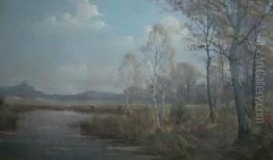 Silver Birch In A River Landscape by Garstin Cox