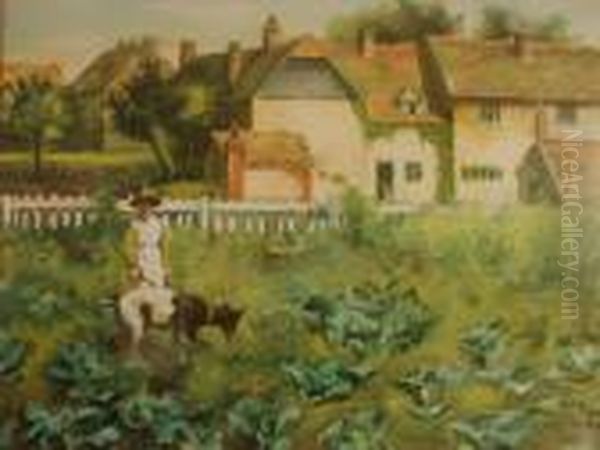 Country Woman And Goat In A Cabbage Field, Cottages Beyond - view 1