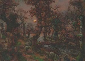 Moonlight Over A Woodland Pool by Garstin Cox