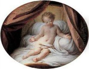 L'enfant Jesus Au Berceau Dans Un Ovale Peint