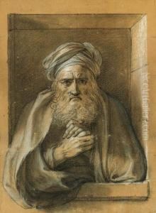 An Old Bearded Man Wearing A
Turban Leaning On The Ledge Of Awindow And Rubbing His Hands Together by Charles-Antoine Coypel