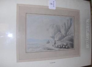 Shepherd With Sheep And A Cow On A Hilly Path,ink And Wash by Alexander Cozens