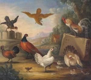 Fowl Being Attacked By A Bird Of Prey In A Landscape by Marmaduke Cradock