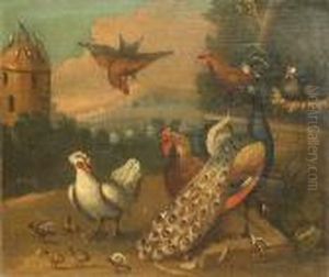 A Group Of Birds Including A Peacock With Adovecote In The Background