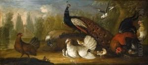 A Peacock And A Peahen With A Cockerel Andother Fowl In A Park Landscape