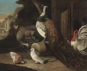 A Classical Garden With A Peacock, Peahen, Doves And A Turkey