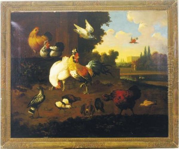 A Rooster, Hens, Chicks And Other Birds In A Landscape - view 1