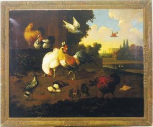 A Rooster, Hens, Chicks And Other Birds In A Landscape by Marmaduke Cradock