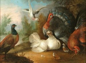 Scene Withdomestic Fowl, To Include Cock, Hen And Chicks, Turkey, Pheasantand Pigeon