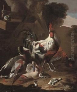 A Cockerel, Hen, Ducks, Chicks And Blue Tit In A Farmyard by Marmaduke Cradock