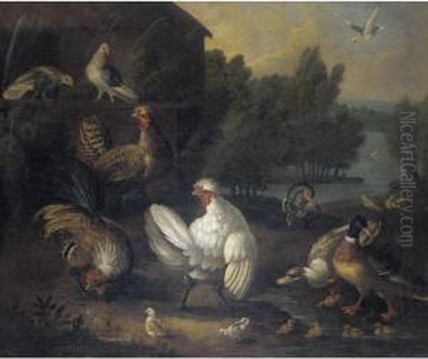A Farmyard Still Life With 
Doves, Chickens And Chicks, Ducks And Ducklings, A Cockerel, And A 
Turkey - view 1
