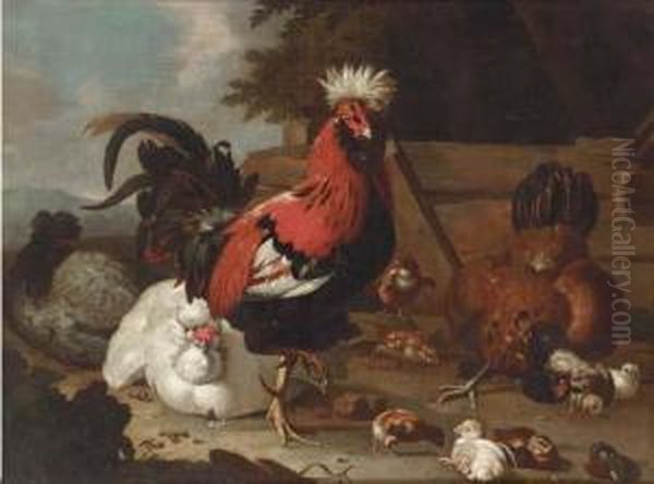A Rooster, Hens And Chicks In A Farmyard - view 1
