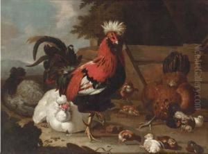 A Rooster, Hens And Chicks In A Farmyard by Marmaduke Cradock